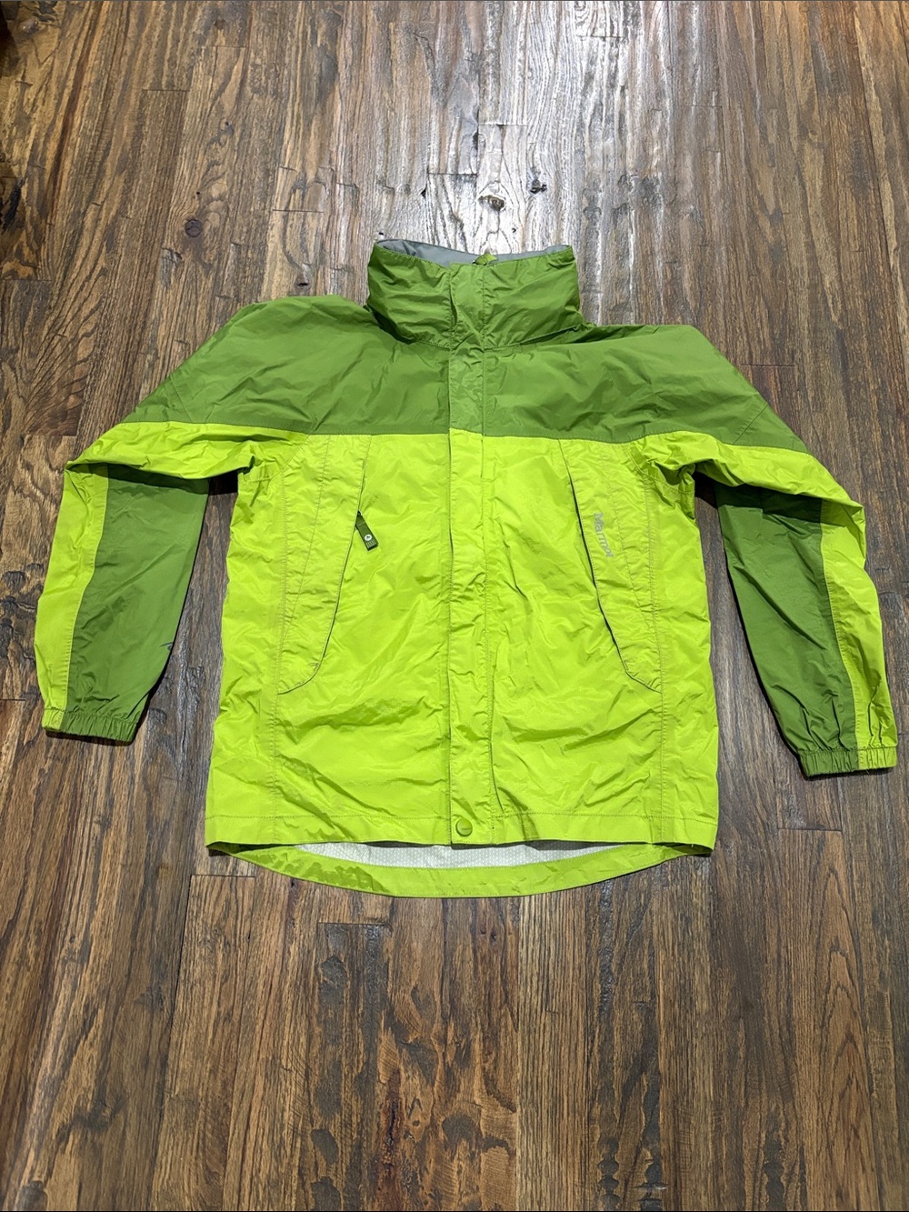 Marmot Two-Tone Lime and Olive Kids Rain Jacket with duck bill hood waterproof